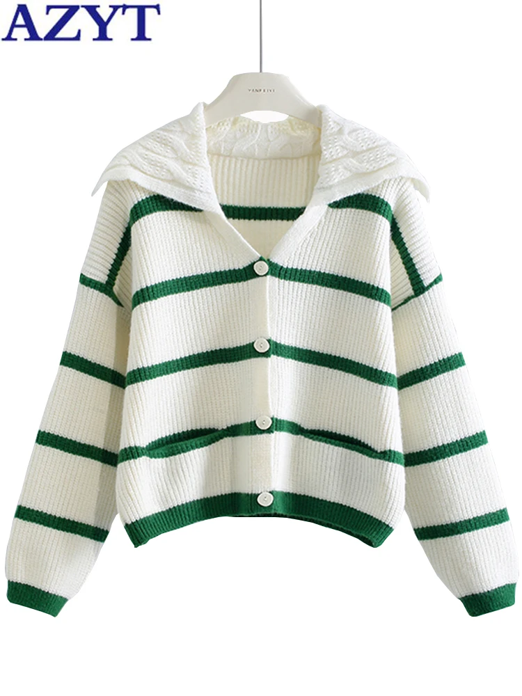 

AZYT Sailor Collar Women Sweater Cardigan 2022 Autumn Fashion Striped Knitted Cardigan Jackets Female Casual Knitwear Pull Femme