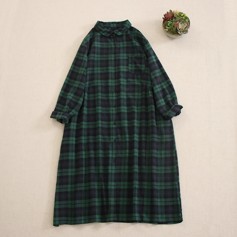 Japan Mori Girl Vintage Plaid Brushed Shirt Dress Women Autumn Turn Down Collar Long Sleeve Casual Loose Single Breasted Dresses