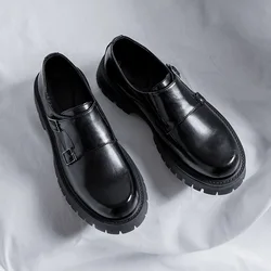 New Fashion Korean Black Casual British Men Leather Shoes Thick Bottom Slip-On Loafers Formal Dress Oxfords Work Wedding Shoes