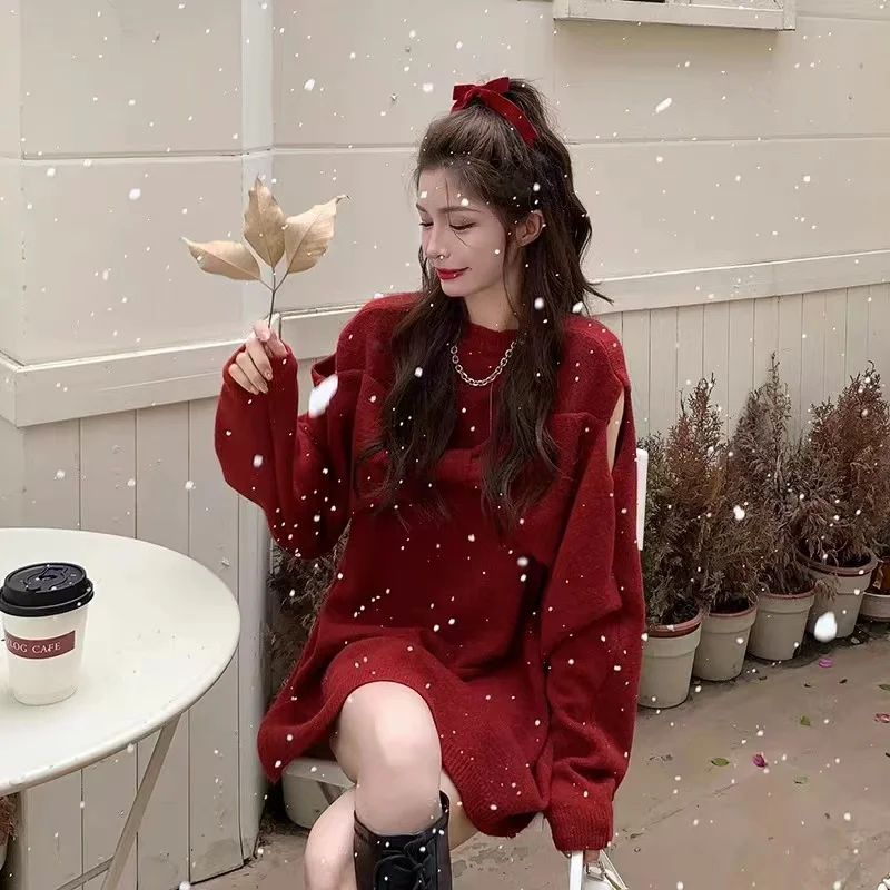 Korean Style Autumn and Winter Women's Sweater Long Sleeve Shoulderless Female Knitted Dress with Large Bowknot Lady Red Dresses