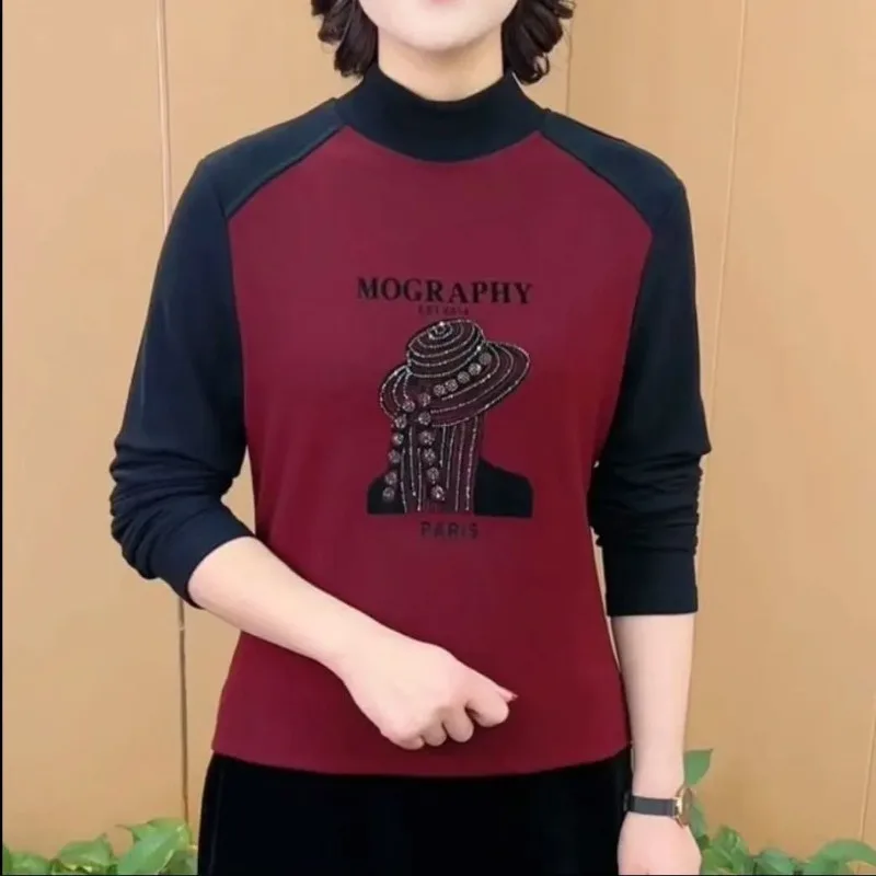 Autumn and Winter German Velvet Color-blocking Letter Printing Double-sided Fashionable Warm Women's Top Base Shirt