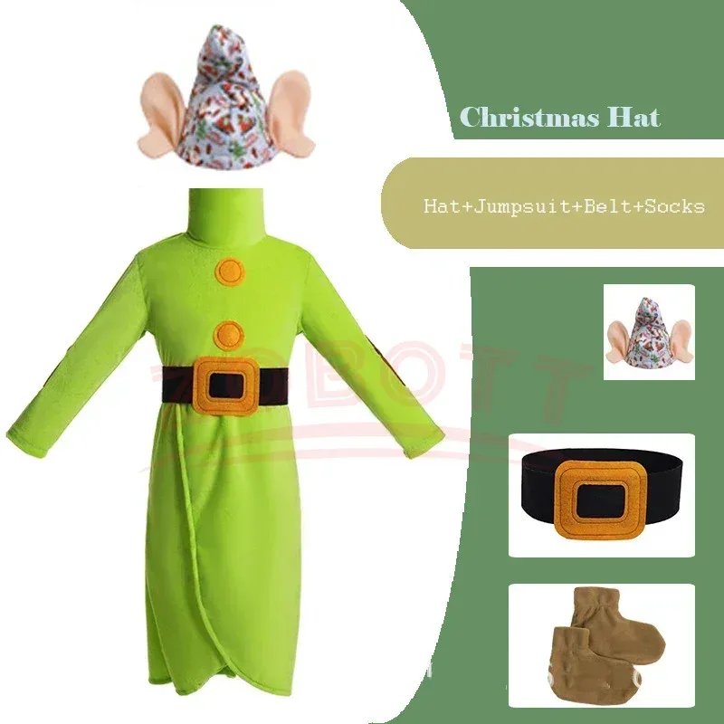 L2025l جديد سبعة قزم رجل زي الثلوج الأميرة الزي عيد الميلاد الطفل بنين بنات آذان كبيرة قزم بيكسي تأثيري سانتا ملابس الحفلات