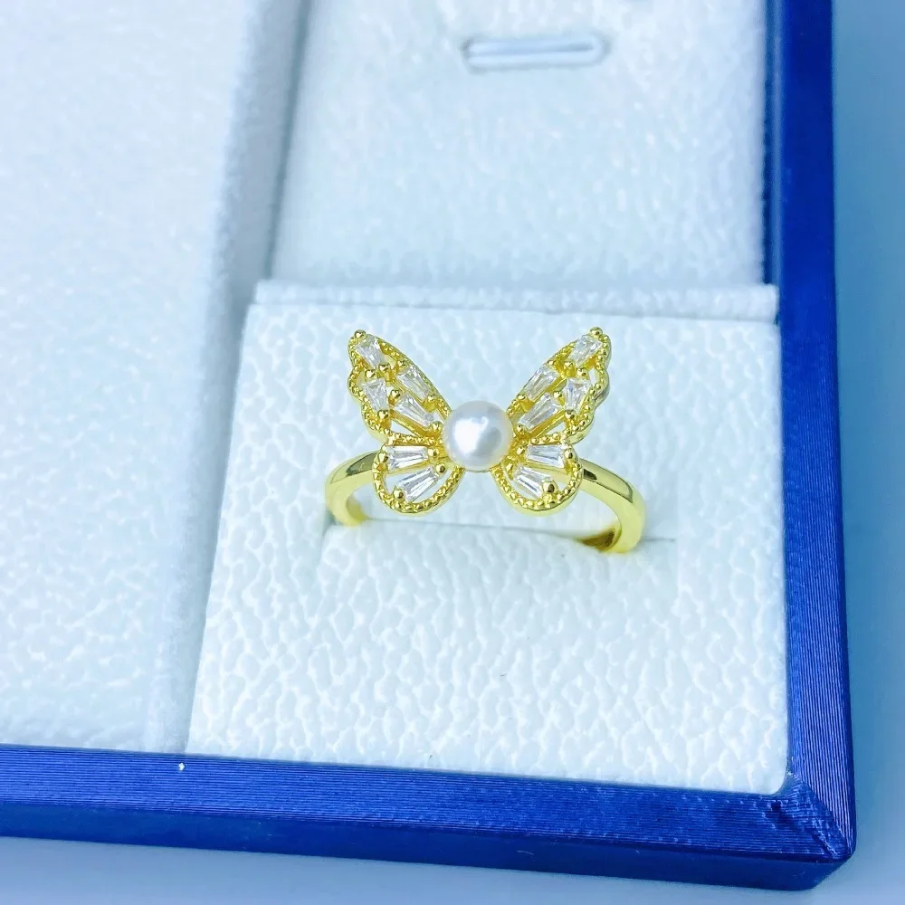 Hengsheng 3-4mm Freshwater Pearl Rings Jewelry Copper Simply Butterfly Zircon Adjustable Rings for Women 2025 New Arrivals