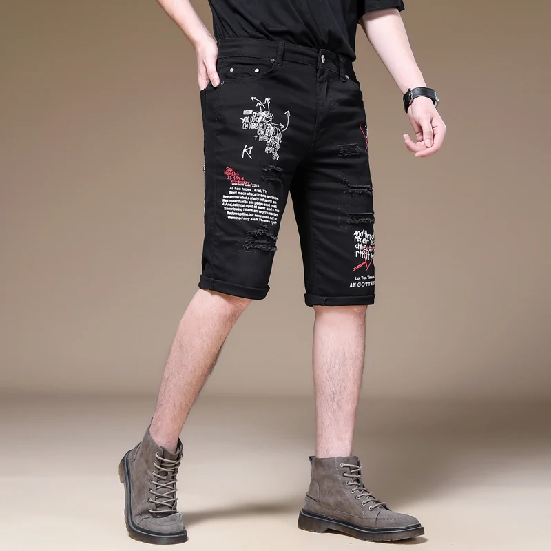 

Black Shorts Men's Motorcycle Street Tide Brand Personality Embroidered Printed Middle Pants Slim Fit Five Points Bermuda Shorts