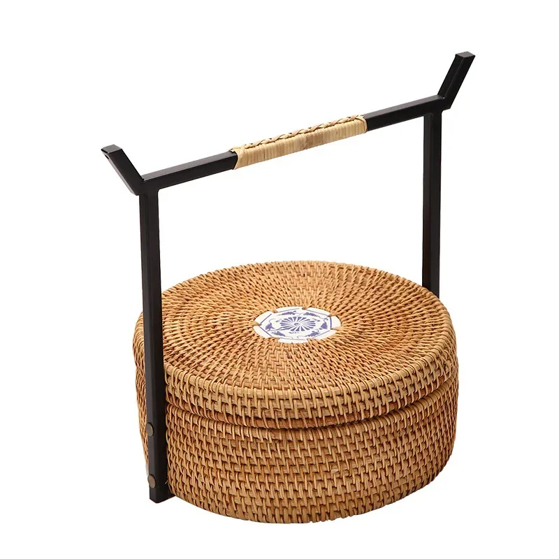 

Retro Vietnamese rattan dim sum box basket hand-woven fruit basket tea set storage box wrought iron dried fruit plate food box