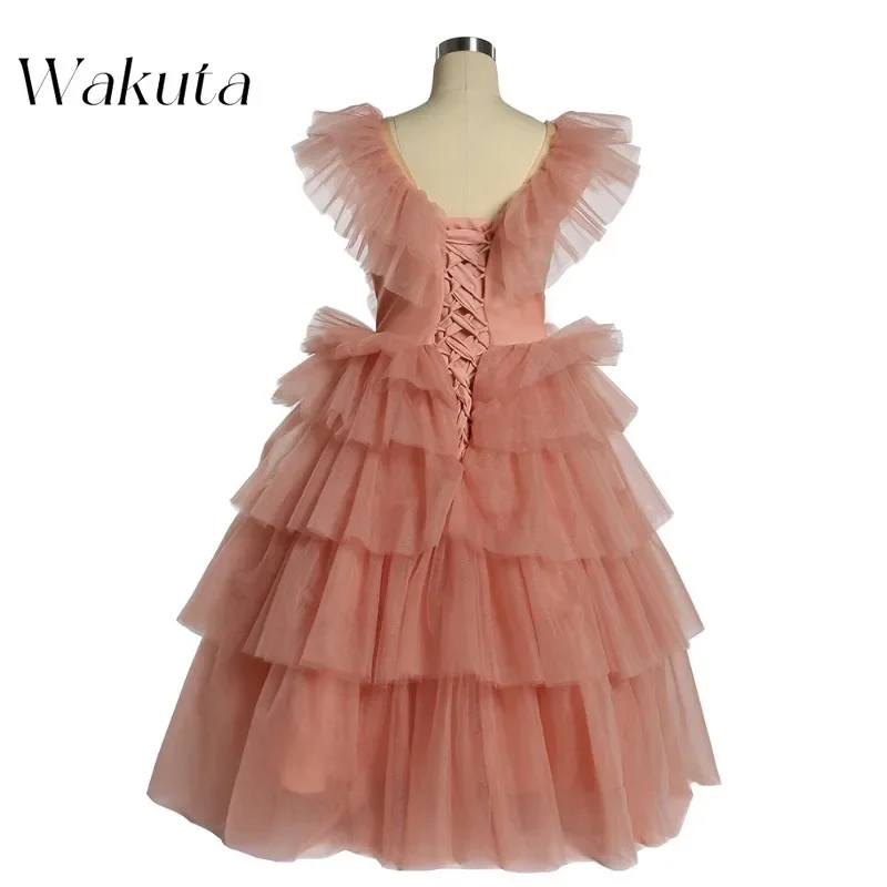 Wakuta Sexy V-neck Sleeveless Mesh Gowns فستان سهر Vintage Waisted Tiered Cute Chiffon Birthday Back To School Evening Dresses