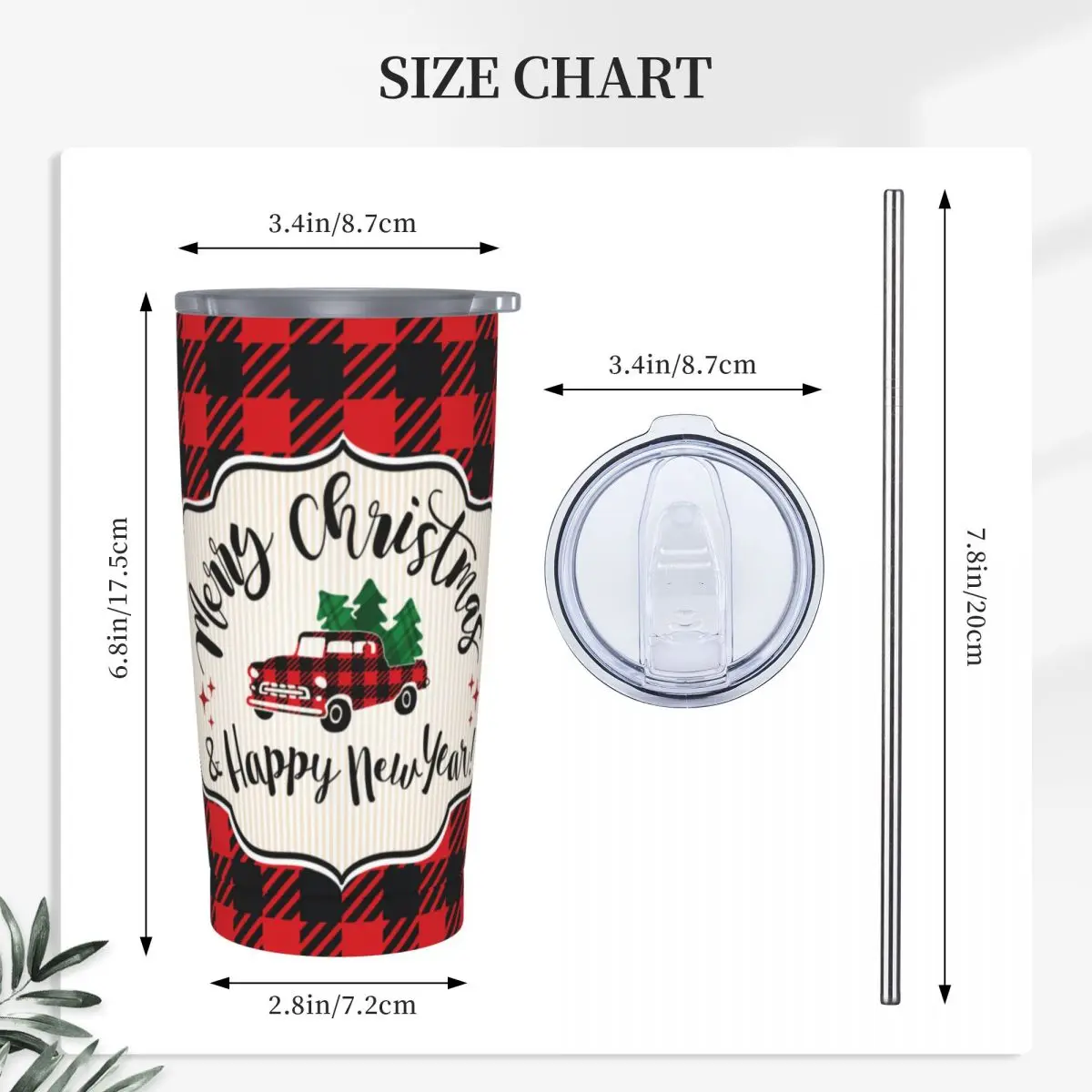 Christmas Truck Buffalo Black Red Gingham Lumberjack Tumbler With Straw Xmas Gift Stainless Steel Mug Cup Vacuum Insulated 20oz