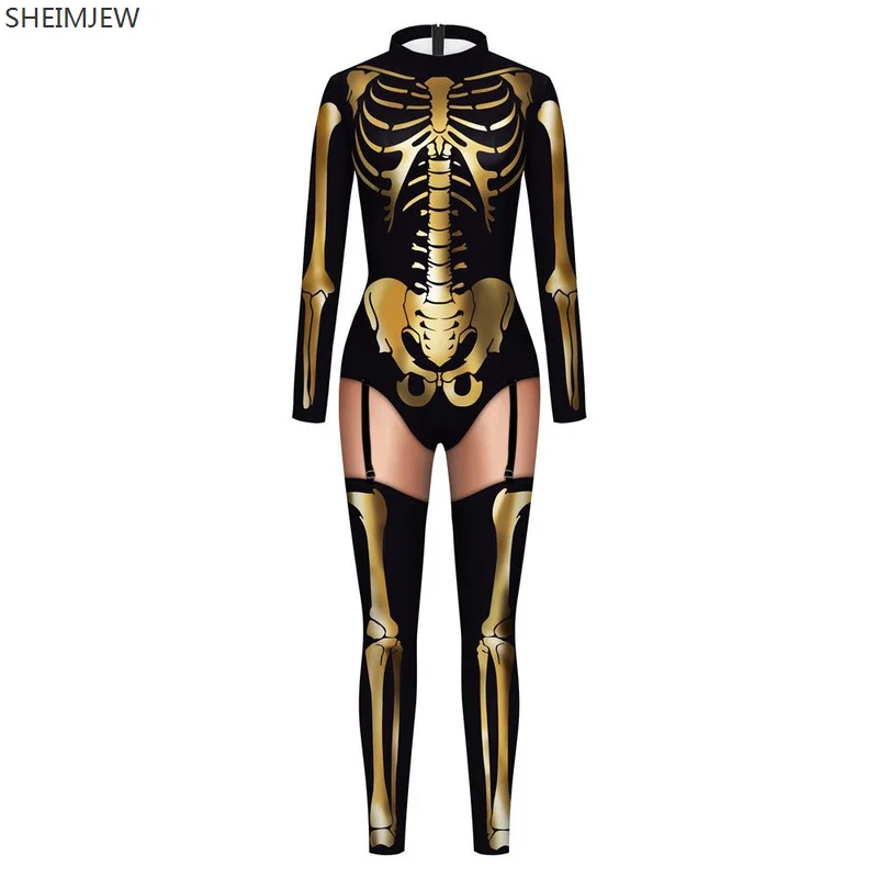 Schedel Skelet Print Jumpsuit Purim Carnaval Cosplay Zentai Pak Mode Bodysuit Grappige Vrouwen Sexy Catsuit Vrouwelijke Rave Outfits