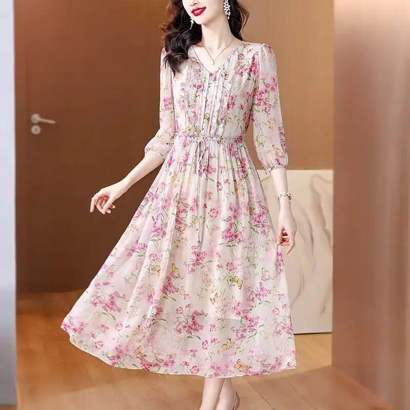 

Women Pink Silk Elegant Casual Festival Vestidos Summer Fashion Chic Korean One Piece Dress 2024 New Luxury Party Evening Dress
