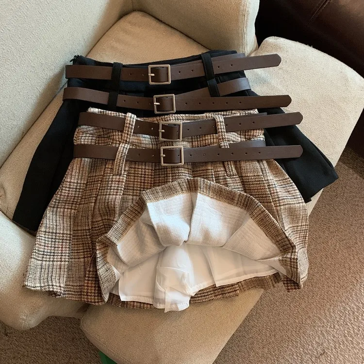 

Vintage Belt Plaid Mini Skirts Women Y2k Preppy High Waist Pleated Skirt Jk Streetwear Korean All Match Black A Line Skirt