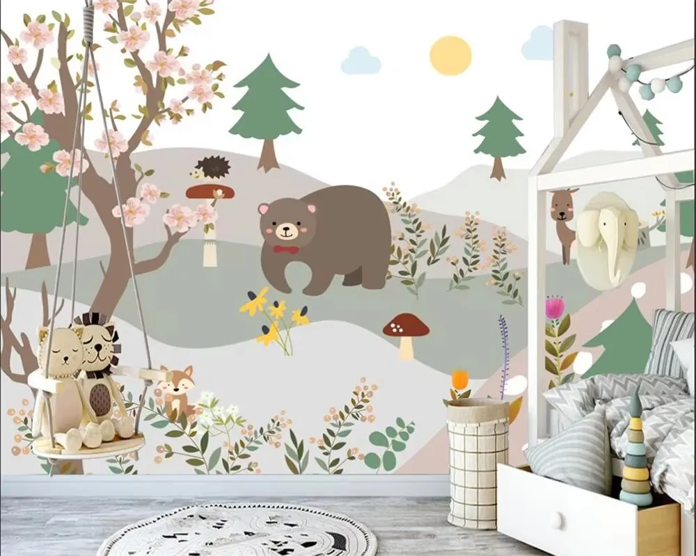 Custom mural Nordic hand-painted forest animal cartoon giraffe flamingo children's room background wall 3d wallpaper обои