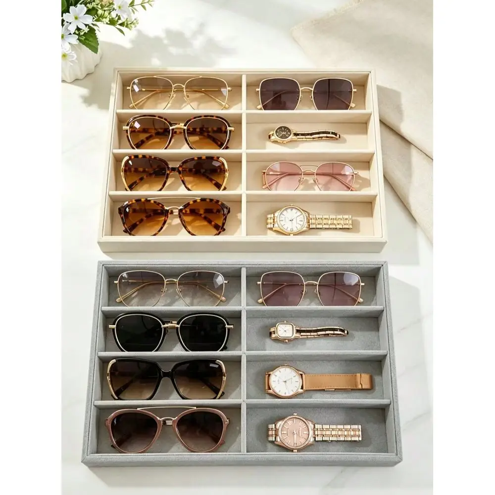 18slots Luxury Beige Velvet Stackable Eyewear Organizer With Removable Dividers, Soft Velvet Storage Box For Glasses, Large Cap