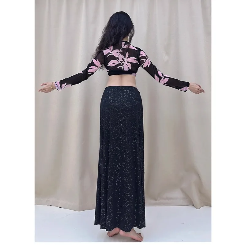 customized belly dance costumes practice outfit black powder leaf mesh long sleeved top silver sprinkled long skirt plus size