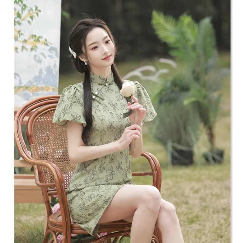 تنورة صغيرة بأكمام منتفخة قصيرة من شيونغسام تشي باو للربيع والصيف، كاجوال للفتيات لتحسين الموضة الجديدة