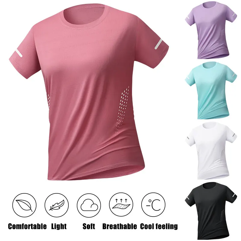 Women's Summer Running T-Shirt Training Jogging Moisture Wicking T-Shirt Women Fitness Thin Breathable Ice Silk Short Sleeves