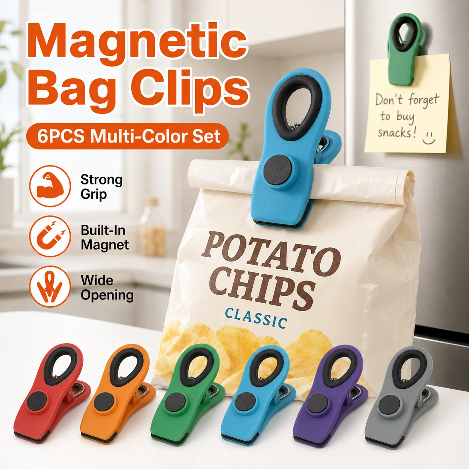 6PCS Magnetic Bag Clips Colorful Chip Clips Food Storage Sealing Clips for Kitchen Fridge Snack Garden Office
