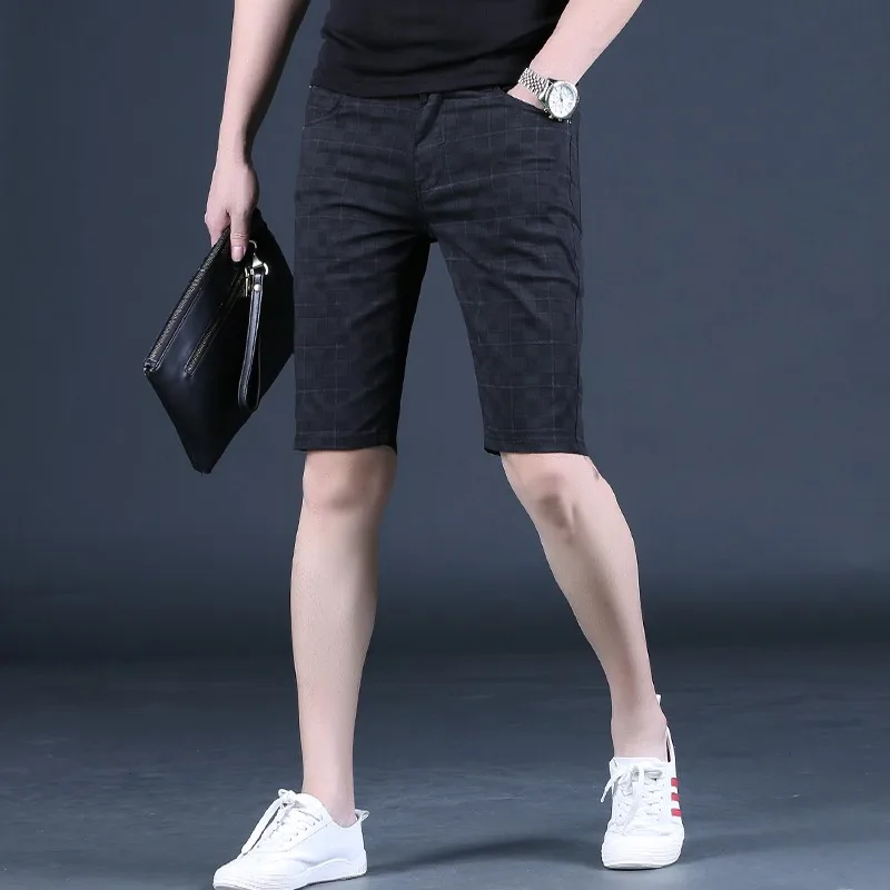 

Black Plaid Shorts Men Summer Fashion Casual Cotton Regular Straight Short Pants