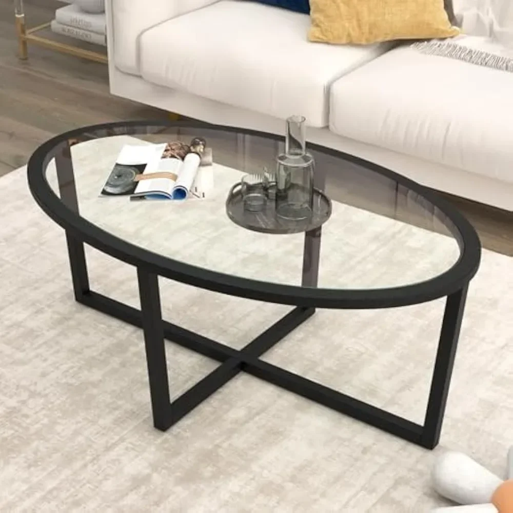 

Glass Coffee Table, 46.5" Oval Accent Sofa Tea Table with Tempered Glass Top, Cross Base & Acacia Wood Legs, Simple Mode