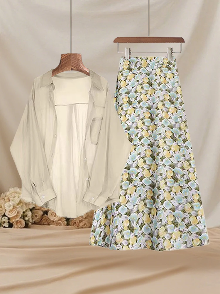 Retro Korean Style Light Weight Sun Protection Shirt Outerwear Summer Floral Halter Neck High Waist Two-Piece Set Women Elegant