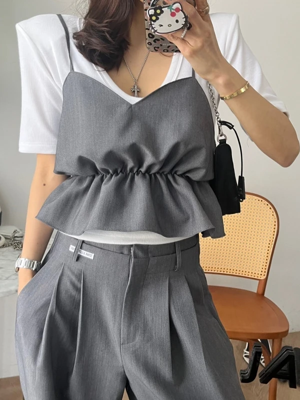 

Women's Strap Vest ort Flared Pleated Slimming Top Matching Casual Straight Leg Pants Two-Piece Cotton Summer Faion Set