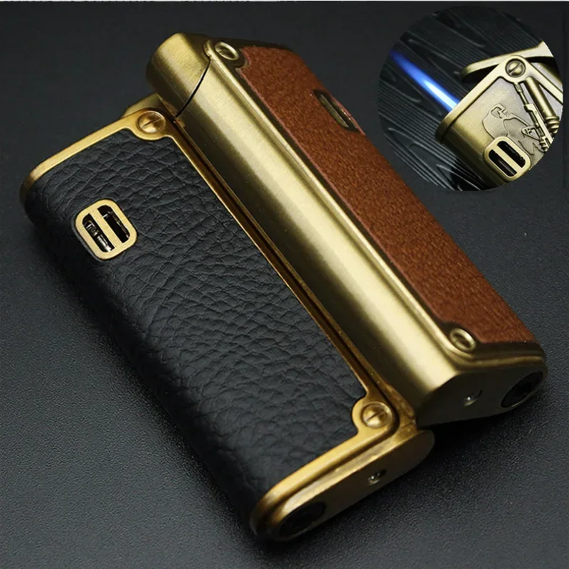 Genuine Leather Butane Gas Lighter Refillable Windproof Gentlemen Jet Flame Cigarette Torch Embossed Windproof Lighters Smoking
