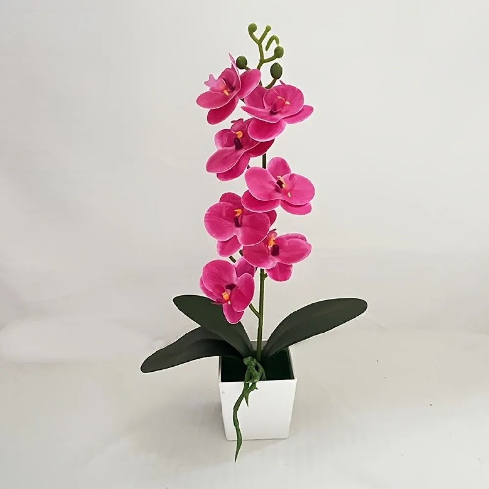 7 Flores Artificiales de Orquídea en Maceta Blanca, Plantas Artificiales Multiflorales, Flores Falsas de Plástico Rosa, Bonsái