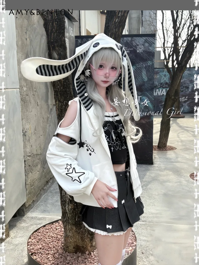 cute anime dress Japanese Cartoon Print Outfit Sweet Long Bunny Ear Hooded Off-shoulder Long-sleeve Jacket Camisole Pleated Skirt emerald green This wedding dress is Size:9 Women's crafted with care