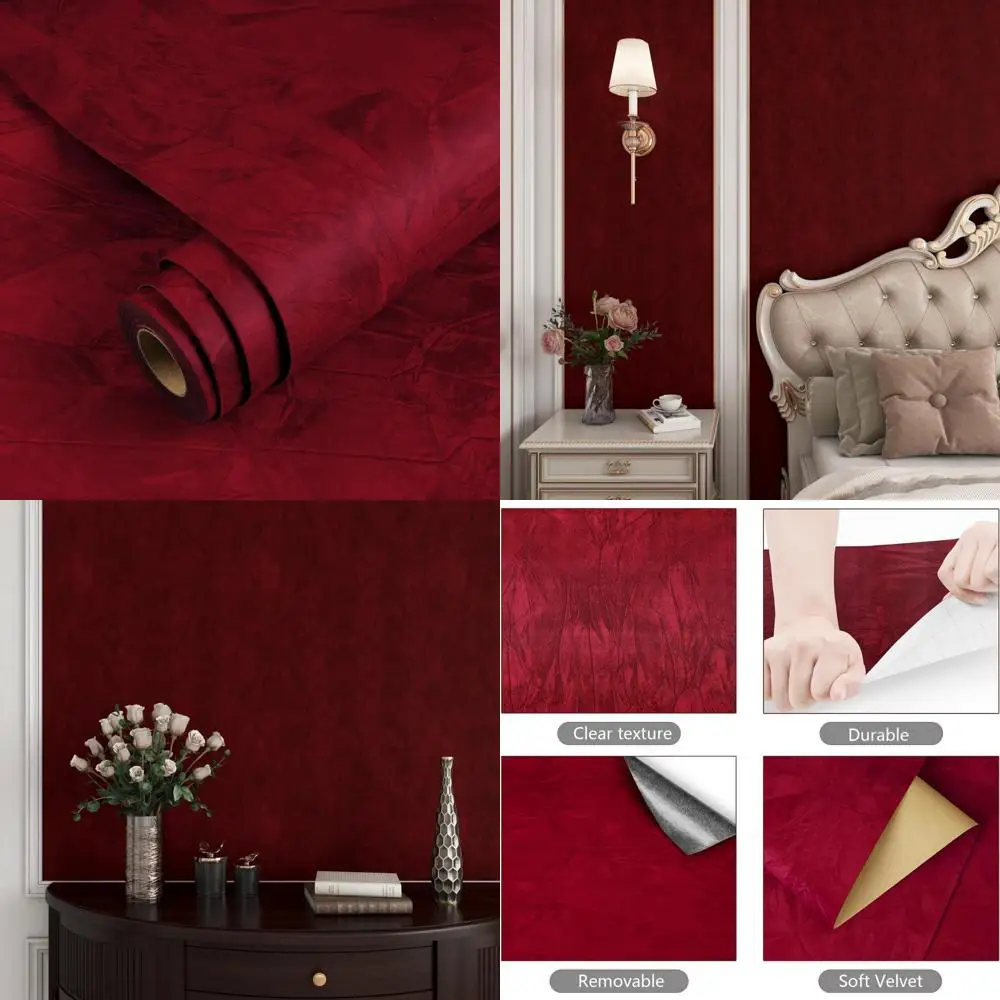 ورق حائط مخملي عتيق ذاتي اللصق لغرفة النوم - أحمر داكن، نسيج ناعم، سهل اللصق وقشر، ورق حائط على الطراز الكلاسيكي #1