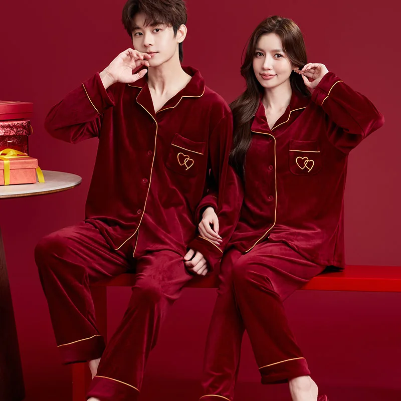 

Velour Men Women Pajamas Set Autumn Winter Couple Sleepwear Trouser Suits Loose Velvet 2 PCS Shirt Pant Homewear