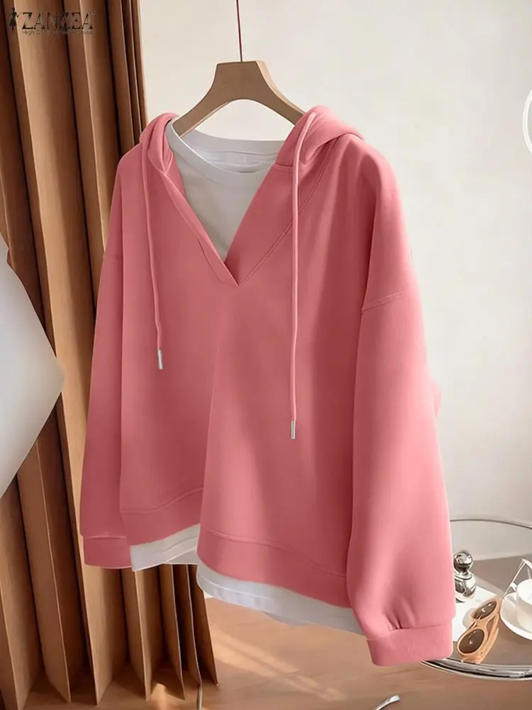 ZANZEA Women Hooded Sweatshirts Fashion Long Sleeve Hoodies Loose Solid Casual Pullovers 2025 Autumn Winter Jumpers Elegant Tops