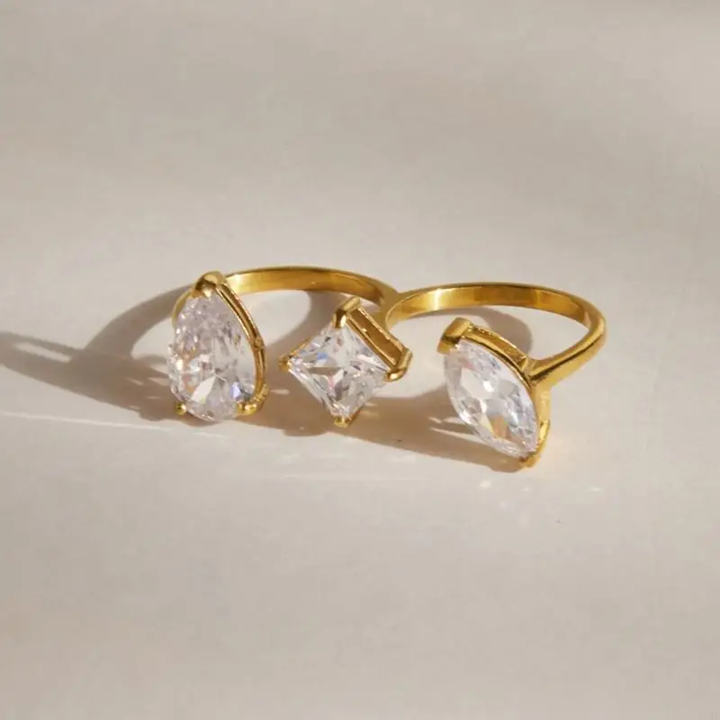 Open Band Ring with Bright Zirconia Stones, Stainless Steel Structure and Minimal Three Stone Fashion Detail for Outfits and