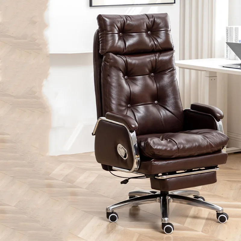 

Роскошное офисное кресло из натуральной кожи с высокой спинкой и откидной спинкой, компьютерное кресло с плюшевой амортизацией для босса и дома