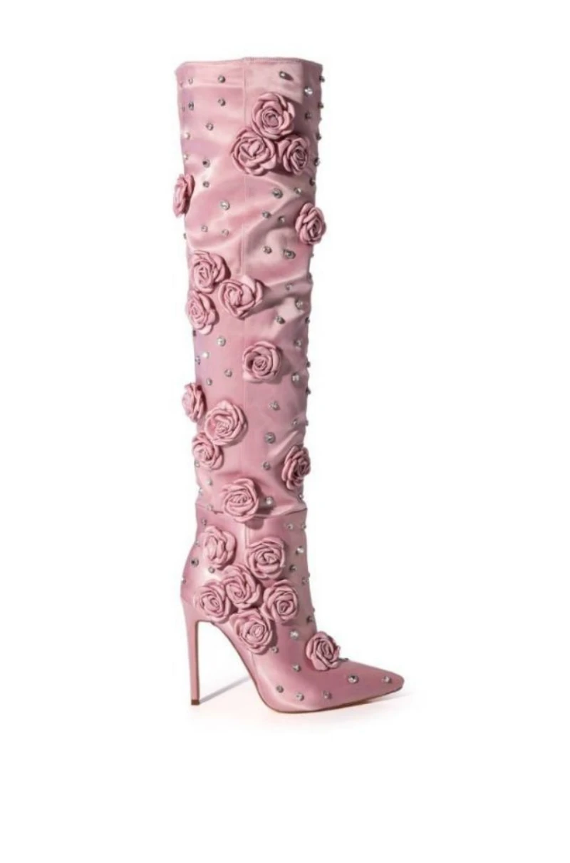 Sweet 3D Pink Rose Embellished Thigh High Boots Women Metallic Rivets Pointed Toe Over-the-knee Boots Ladies Silk High Heels