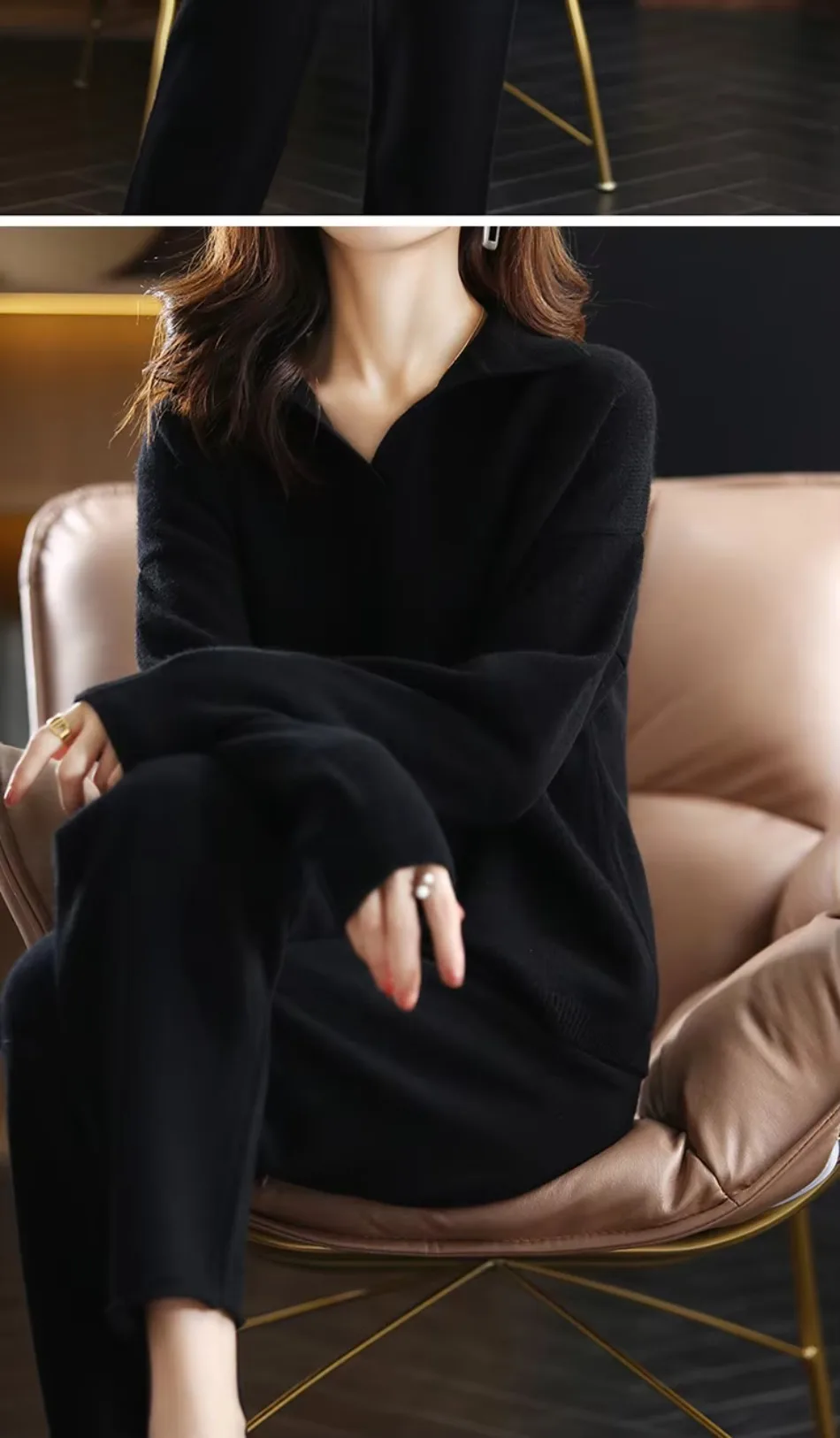 Winter 2026 Neuer Kaschmiranzug für Damen, lockerer Pullover mit Revers, lässige, weit geschnittene Hose, gestrickt, 100 % reine Wolle, zweiteiliger Anzug – Detail 18