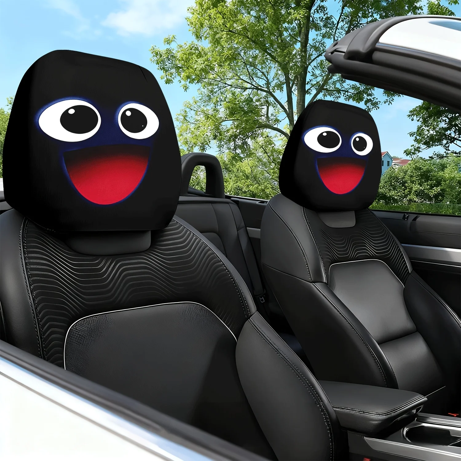 2pcs Cute Joyful Face Themed Printed Car Seat Cushion Headrest Neck Pillow Cover - Adorable Design - Car Interior Cushion, Lum