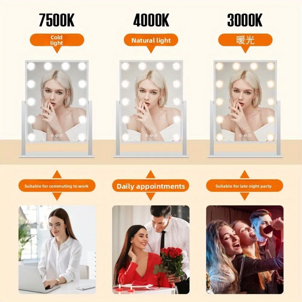 Espejo de tocador con luces Espejo de maquillaje Hollywood con 12 bombillas LED Iluminación de 3 colores 360 ° Rotación para Vestidor y Dormitorio