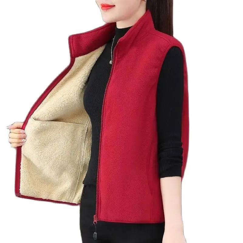 

Spring Autumn Winter Stand Collar Shake Fleece Vest Women's Waistcoat 2023 New Add Velvet Thickened Warm Outwear Coat Female