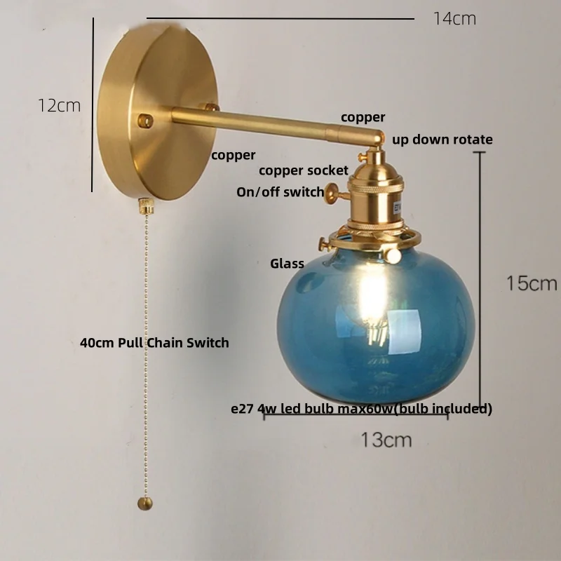 IWHD Globe Blue Glass LED Wall Lamp Porch Living Room Reading Copper Vintage Pull Chain Switch Stair Light Fixtures Aplique Pare