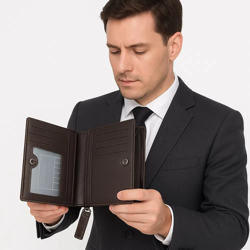 عالية الجودة الكلاسيكية الرجال محفظة قصيرة تتفاعل بولي Leather الجلود حامل بطاقة الائتمان سستة إغلاق بلون الذكور محافظ ثنائية الطي هدية