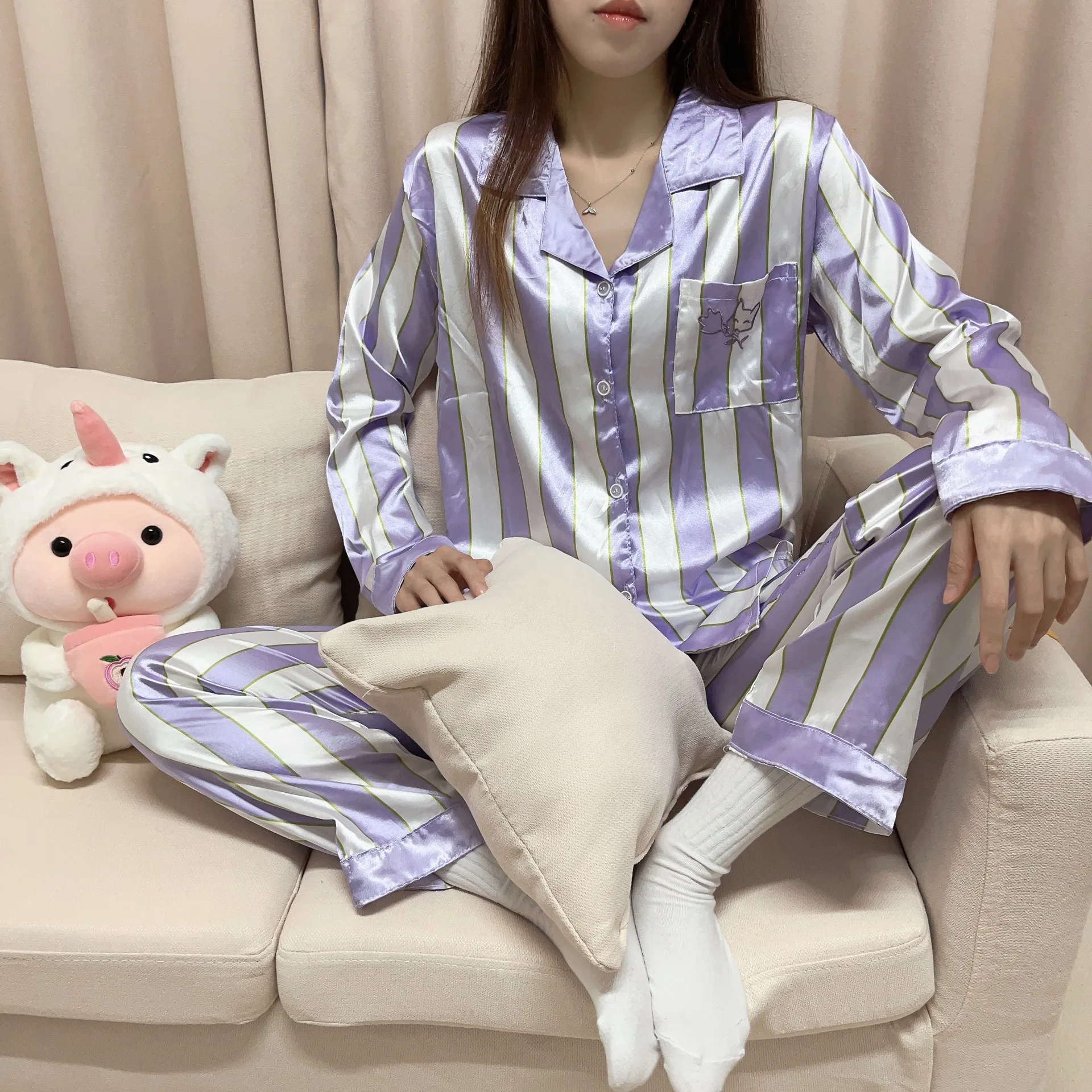 Women's 2 Piece Pajamas Sets Purple Striped Pijama Faux Silk Satin Lapel Pyjama Female Sleepwear LongSleeve Shirt Pants Homewear