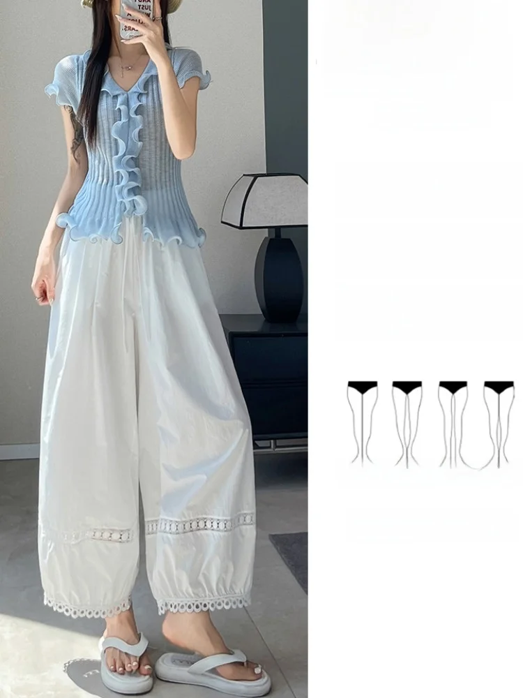 Quick Dry Lace Trim Lantern Pants Women Summer Thin Loose Cuffed Nine Points Straight Ice Silk Bloom Wide Leg Carrot Pants