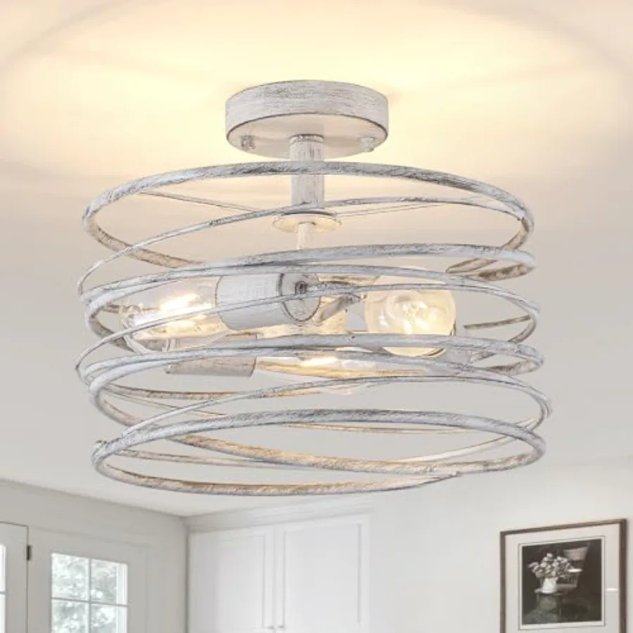 

3-Light Rustic Drum Semi Flush Ceiling Light Fixture, Retro Farmhouse Chandeliers Metal Cage for Dining Room, Industrial Pendan