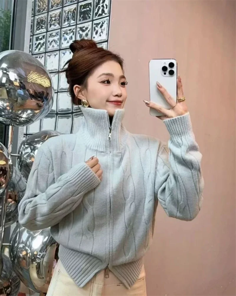 Moda coreana, suéter corto con doble cremallera y cuello alto, cárdigan para mujer, Otoño Invierno, nuevo abrigo de punto, chaqueta para mujer