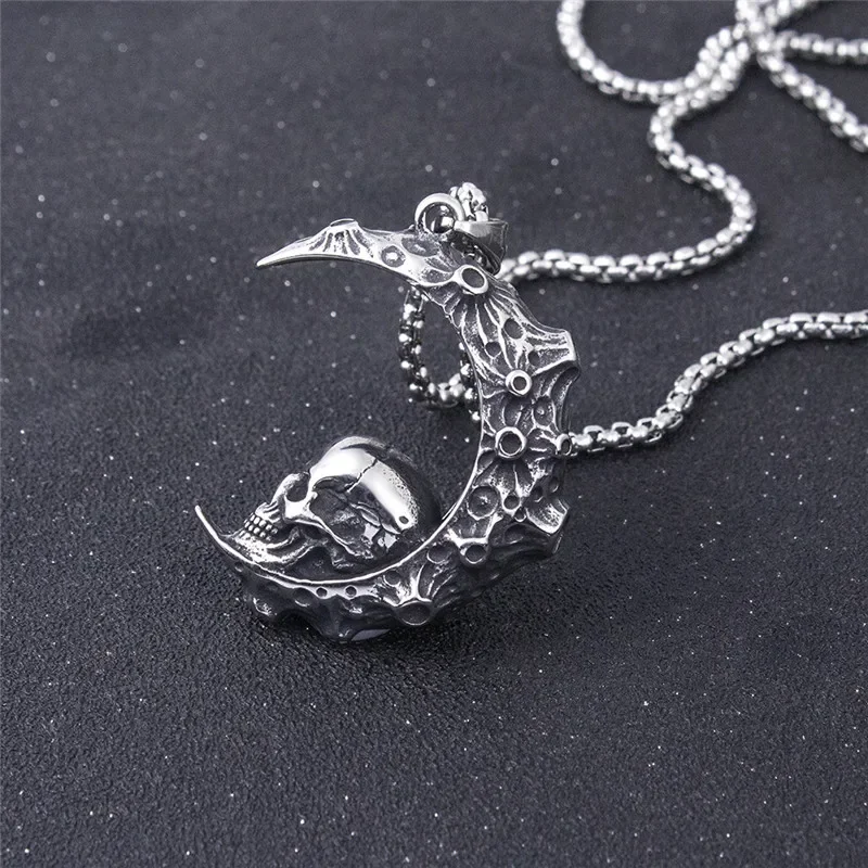 Boutique Handmade Fashion Personality Design Moon Skull Men and Women 316L Stainless Steel Pendant Necklace A023