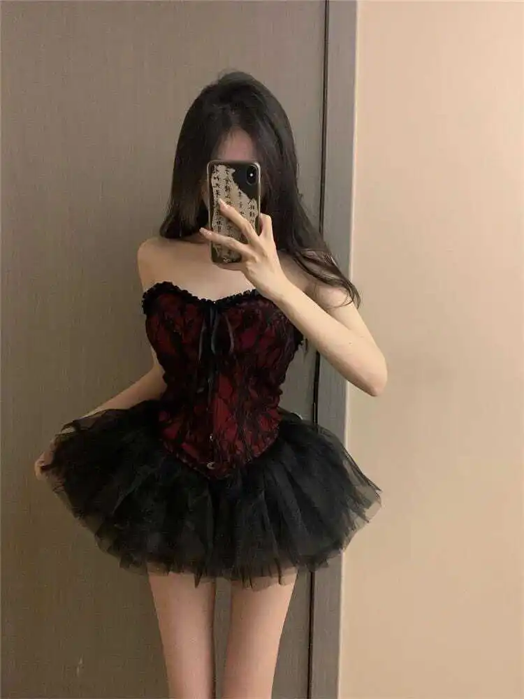 Retro Court Style Dark Sexy Lace Tube Top Mesh Short Skirt Cos Slimming Set Polyester Fabric No Sleeve Regular Length