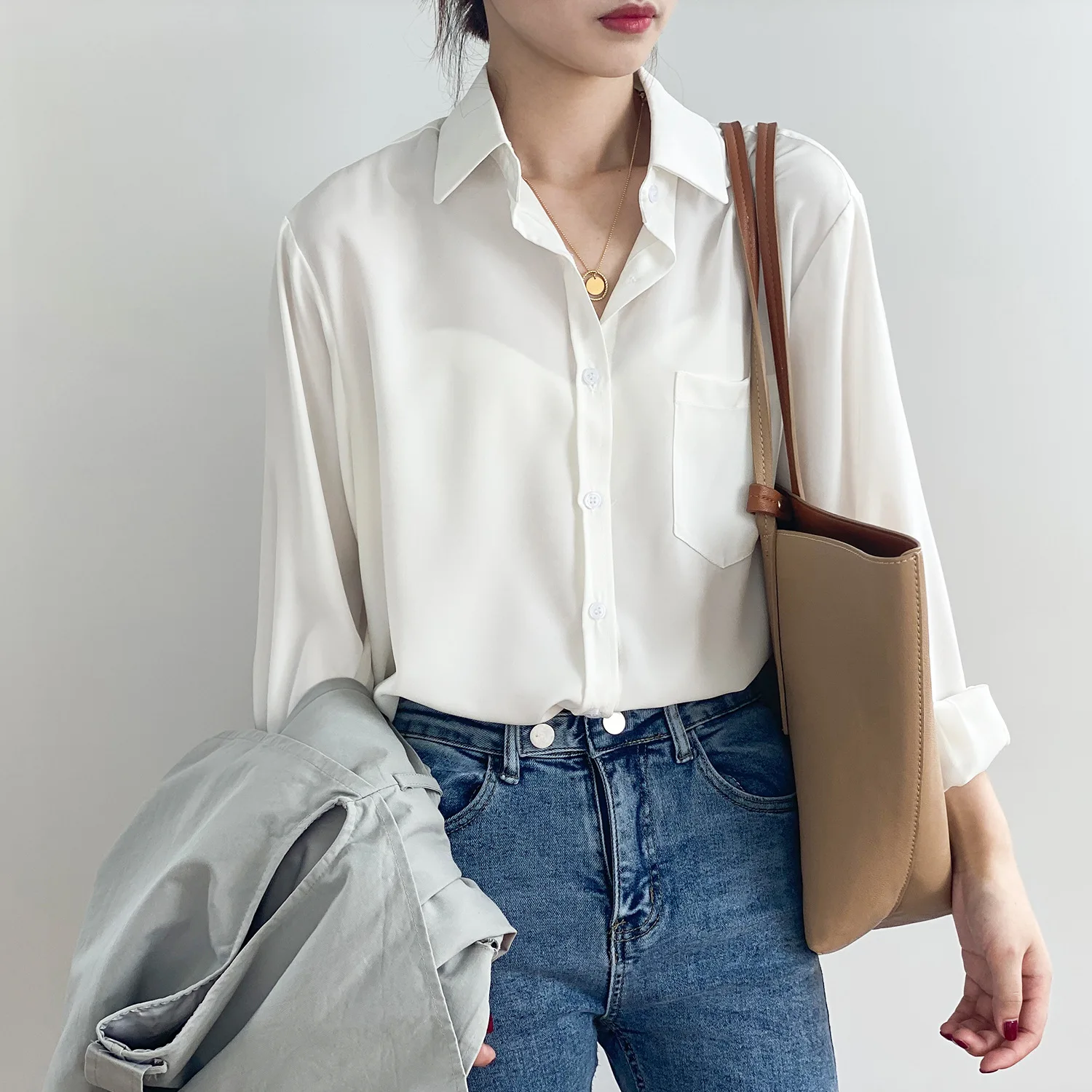 Autumn New Korean Style Chic Solid Color Minimalist Temperament Long Sleeved Lapel Shirt for Women Casual Blouse