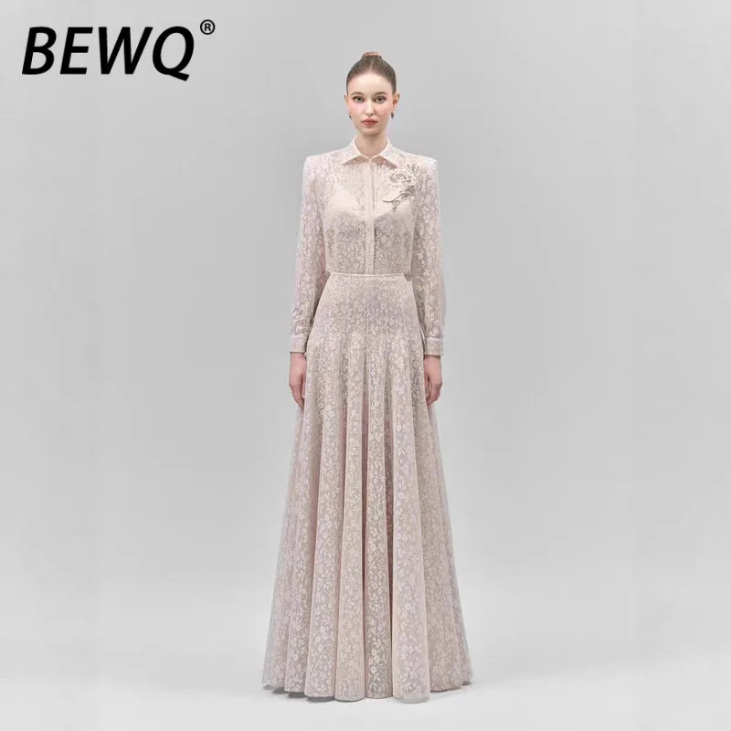 

BEWQ Fashion Women's 2 Pcs Set Lapel Lace Embroidered Skirt High Waist Loose Gauze Skirt Evening Party 2026 Spring New