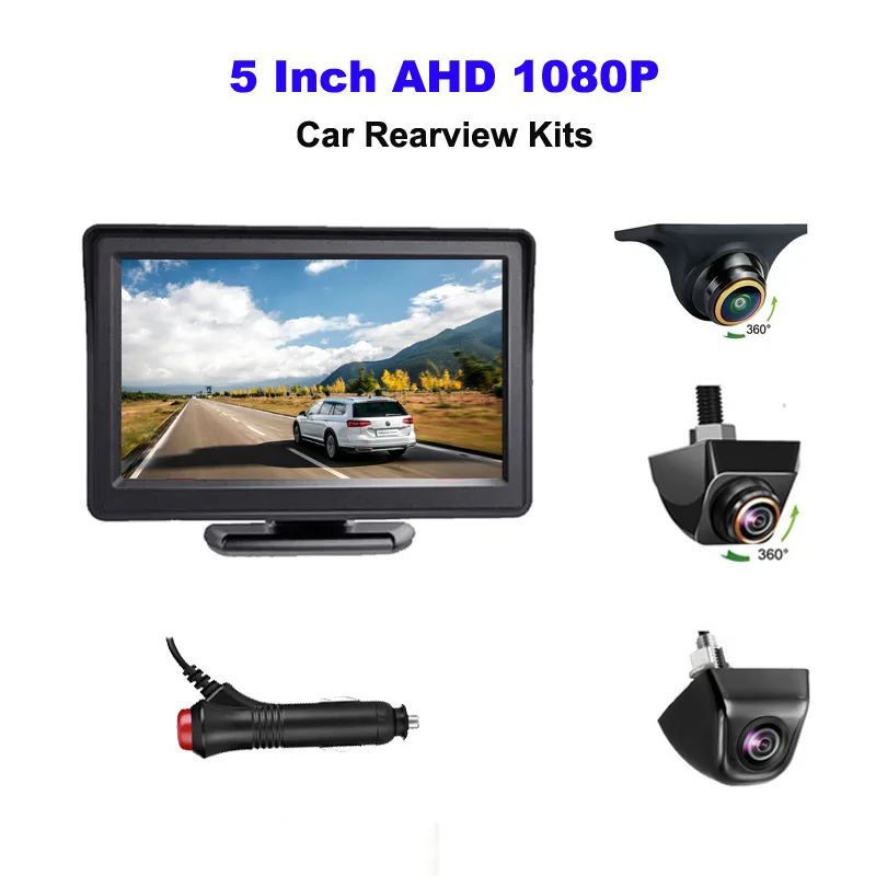 

5-дюймовый автомобильный монитор AHD 1080P с камерой заднего вида высокой четкости 170° ° Объектив типа «рыбий глаз» с ночным видением и простым подключением к проводке