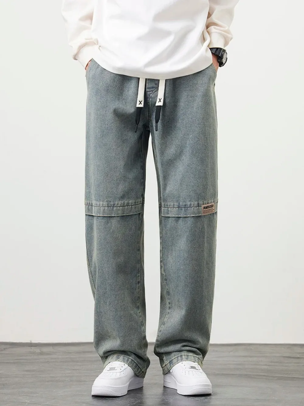 New Retro Men\'s Jeans Large Size String Banding Wide Leg Denim Pants Cotton Casual Straight Jean Trousers 5XL jeans men