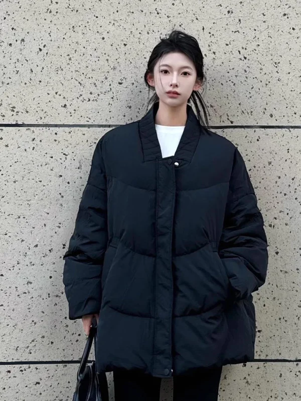 

Модная женская зимняя куртка в корейском стиле, свободного кроя, черная, из хлопка, средней длины, компактная, премиум-класса, на молнии